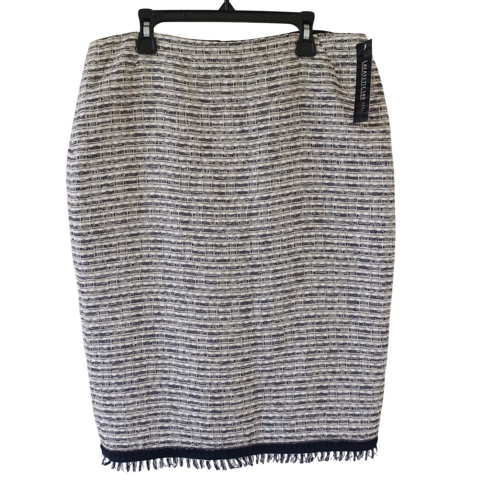 Lafayette 148 New York Navy Cream Tweed Pencil Skirt Fringe Trim‎ Size 8 NWT